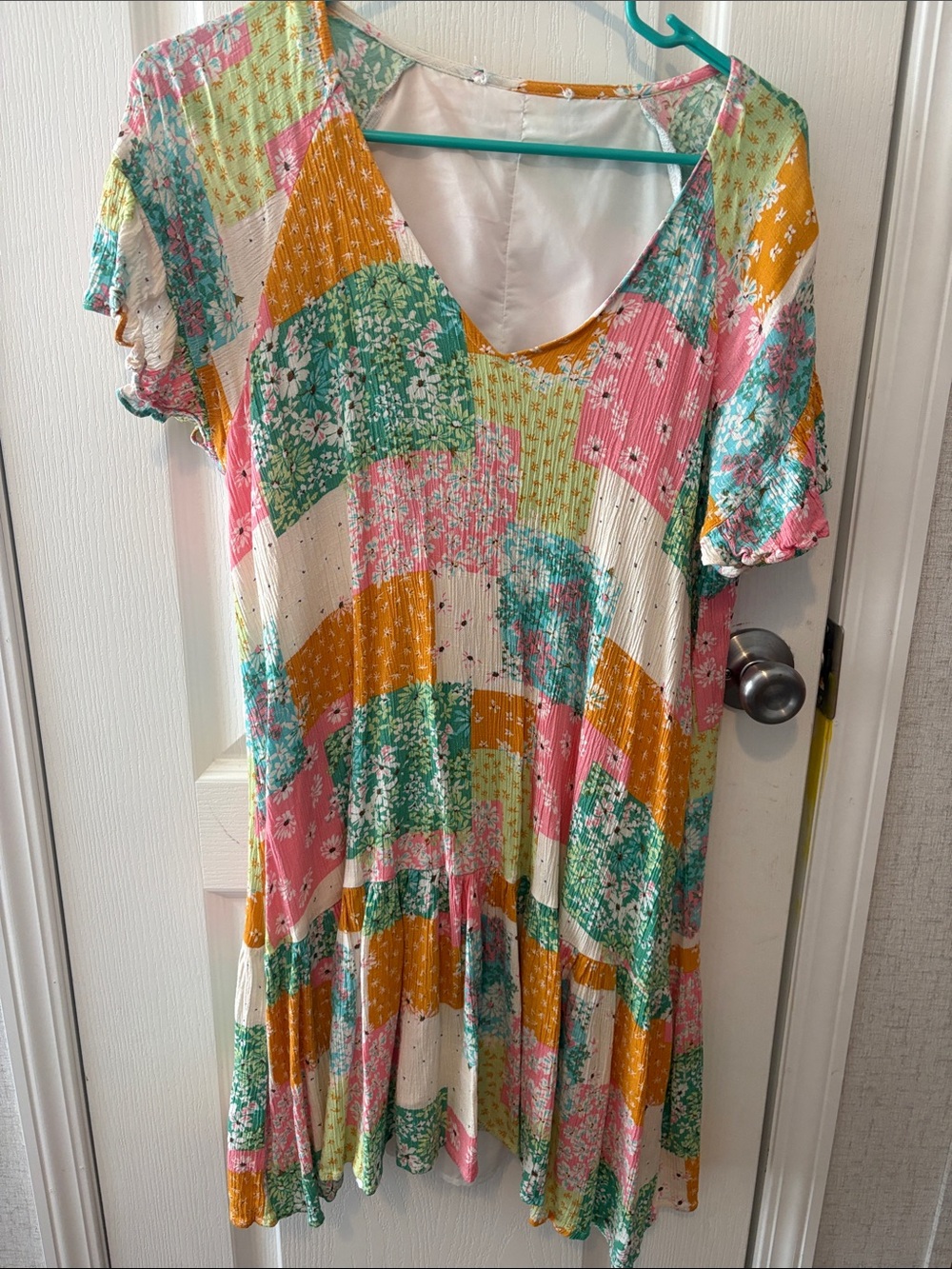 Women's Floral Patchwork Midi Dress - Pink, Green & Mustard